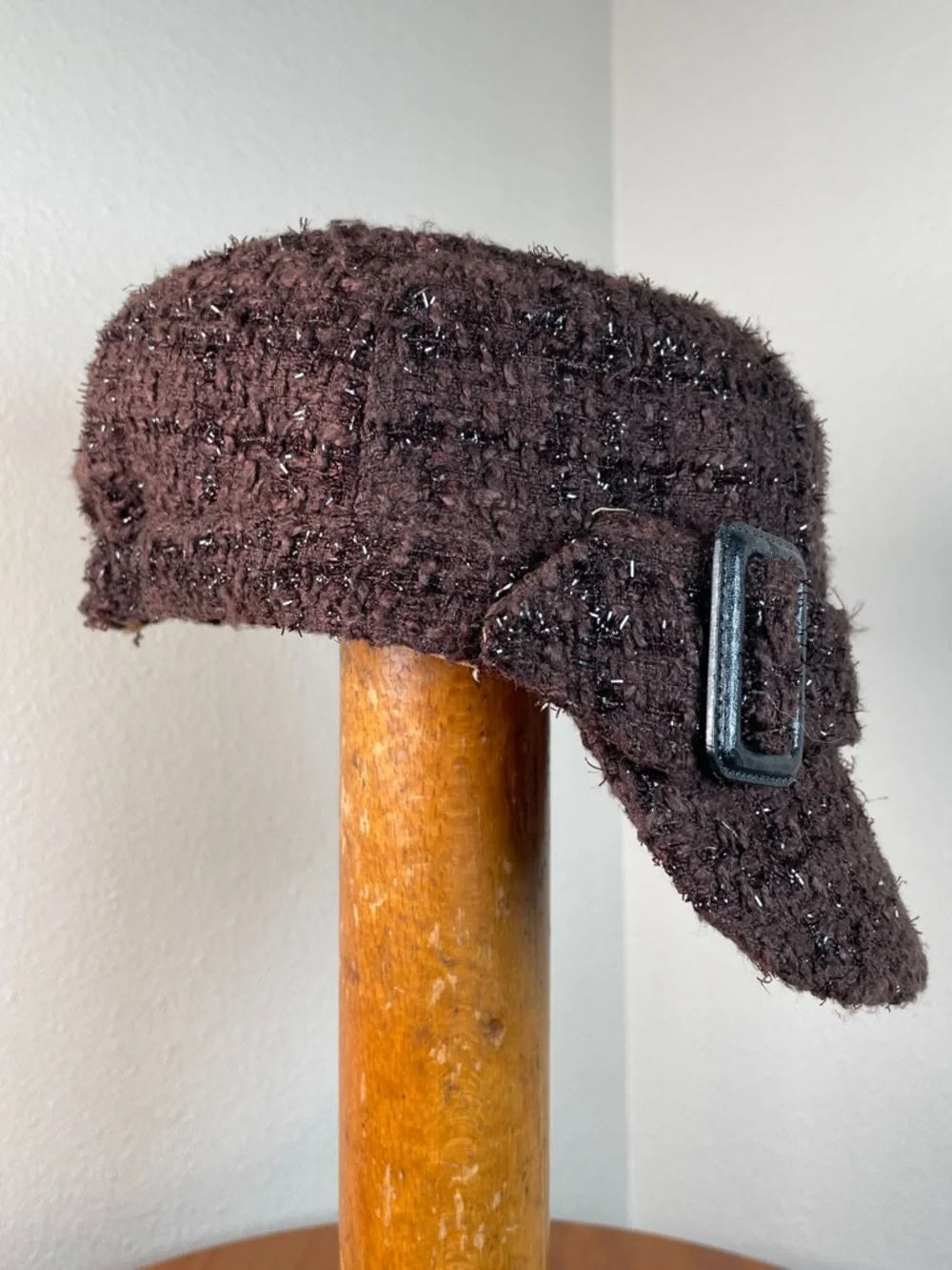 Y2K Brown Sparkly Tweed Knit Cap Hat Short Brim Floral Lined Hip Hop Streetwear